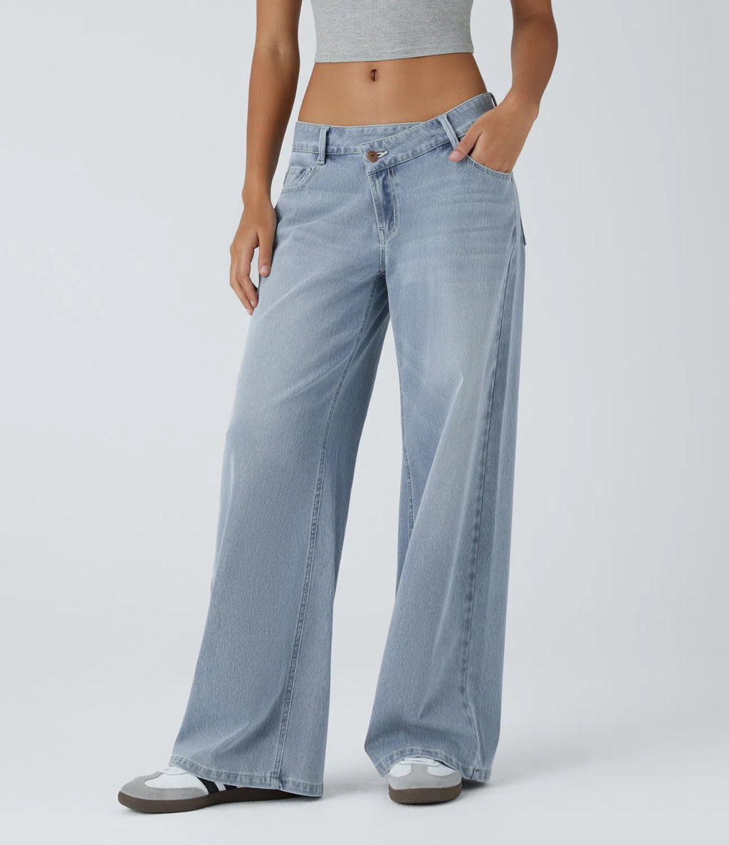 Low‑Rise Asymmetric Zip‑Pocket Baggy Wide‑Leg Stretch Washed Jeans