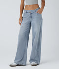 Low‑Rise Asymmetric Zip‑Pocket Baggy Wide‑Leg Stretch Washed Jeans