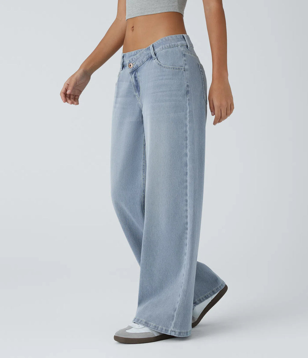 Low‑Rise Asymmetric Zip‑Pocket Baggy Wide‑Leg Stretch Washed Jeans