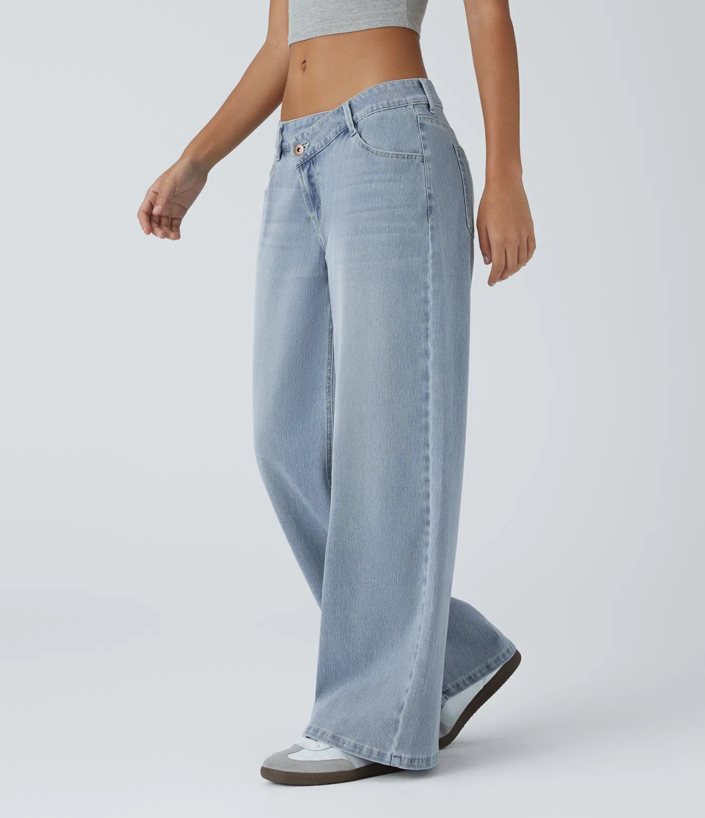 Low‑Rise Asymmetric Zip‑Pocket Baggy Wide‑Leg Stretch Washed Jeans