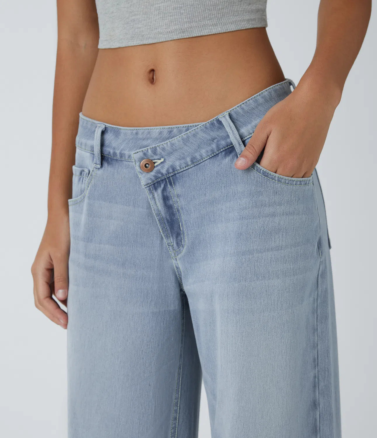 Low‑Rise Asymmetric Zip‑Pocket Baggy Wide‑Leg Stretch Washed Jeans