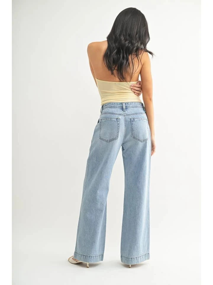 Lightweight Drapey Pleated Relaxed Wide‑Leg Denim Trousers