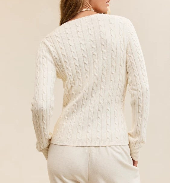 Cotton Cable Knit Henley Long‑Sleeve Sweater