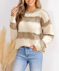 Relaxed Color‑Block Striped Long‑Sleeve Crew Neck Knit Sweater
