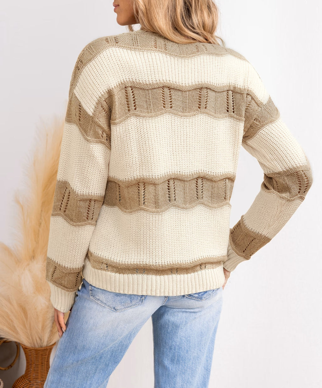Relaxed Color‑Block Striped Long‑Sleeve Crew Neck Knit Sweater